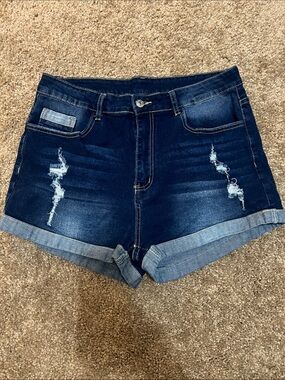 SHEIN Dark Blue Distressed Rolled Hem Denim Shorts